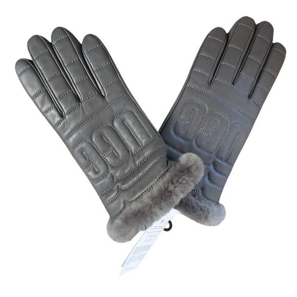 UGG Women's Gray Leather Quilted Logo Touch Screen Compatible Glove Size Medium - Picture 1 of 8